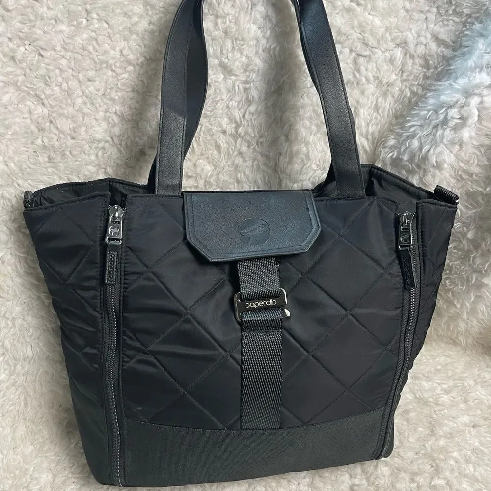 Paper Clip Black Nylon Quilted Large Diaper Bag silver tone hardwares.